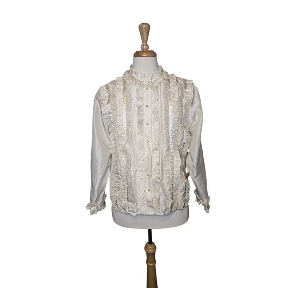 Vintage Simon Chang 100% Silk Ruffle Blouse Victorian Romantic Size 10 - Picture 2 of 9